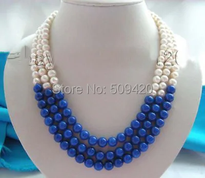 

W&O655 >>17-19" 3rows Natural 8mm White Pearl Lapis Lazuli Necklace