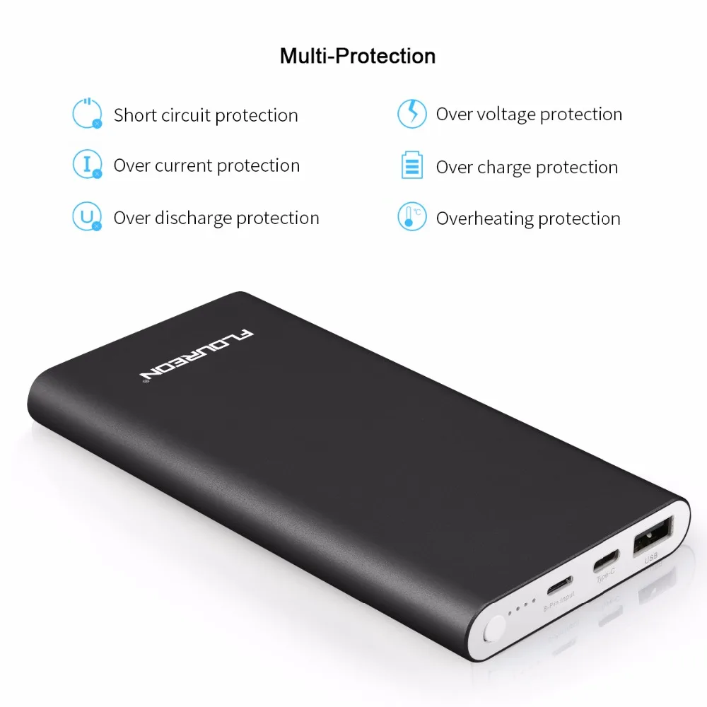 Floureon power Bank 12000 мАч 2GN-C 3A выход Dual usb type C освещение внешнее зарядное устройство для iPhone X iPad смартфонов