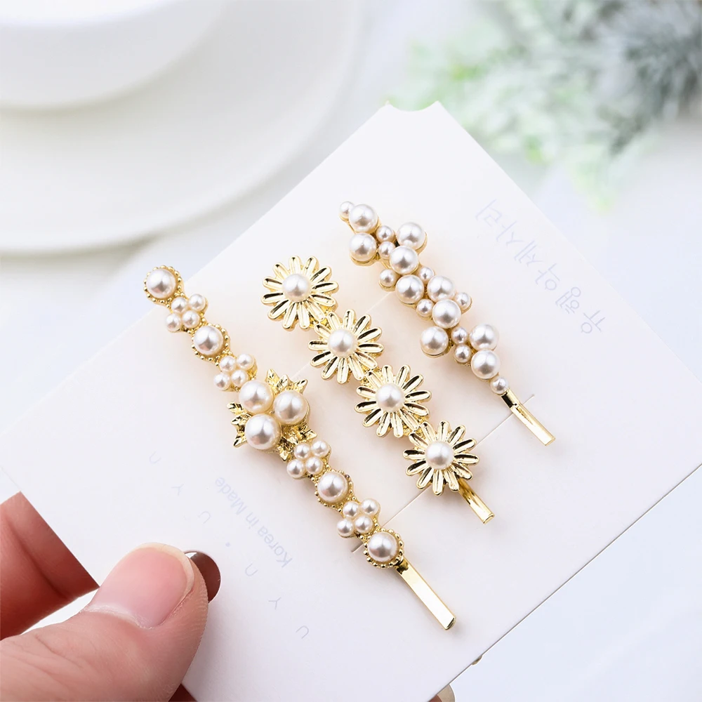

3Pcs/Set New Fashion Women Rhinestone Pearls Hair Clips Metal Hairpins Lady Barrettes Retro Hairgrips Headwear Hair Accessories