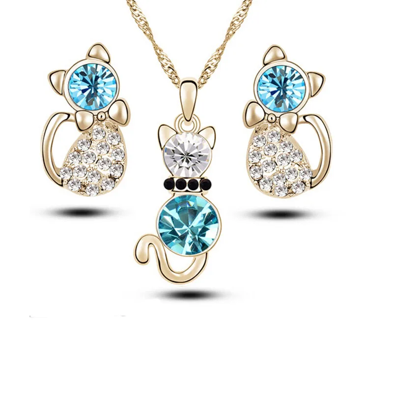 Быстрая, розничная торговля, романтические обручальные посеребренные комплекты ювелирных изделий с милым котом, ожерелье, серьги с австрийским кристаллом для женщин - Окраска металла: gold navy blue