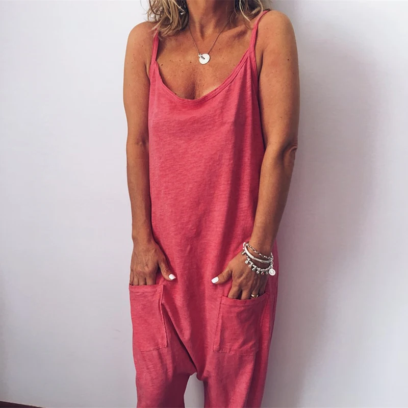 2019 New Fashion Women Jumpsuit Women's Casual Loose Strappy Bib Overalls Woman Summer Backless Pocket Trousers Rompers Playsuit