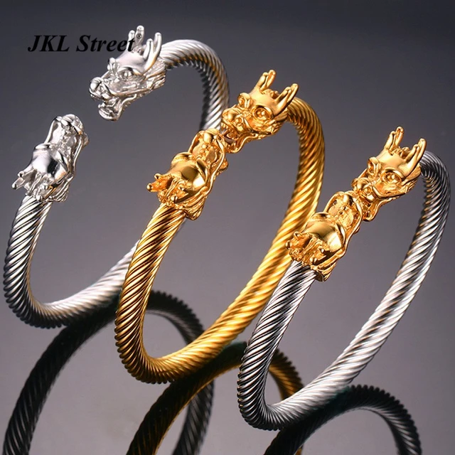 3D Dragon Head Opening Men S Cuff Bracelet Golden Stainless Steel