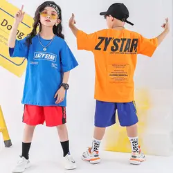 2019 летняя сценическая танцевальная одежда футболка Короткие брюки костюм Джаз Хип-хоп танцевальные костюмы для детей мальчик девочка