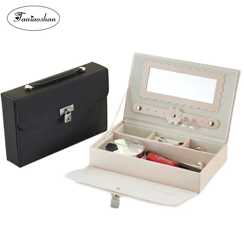 

Simple and portable jewelry box with mirror Fashion personality cosmetic storage bag Travel carry jewelry organizer with lock