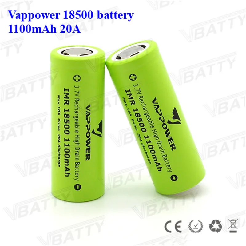 3,7 V 1100Mah IMR18500 литиевая аккумуляторная батарея Vappower 18500 1100mah 20A литий-ионная батарея для светодиодный фонариков