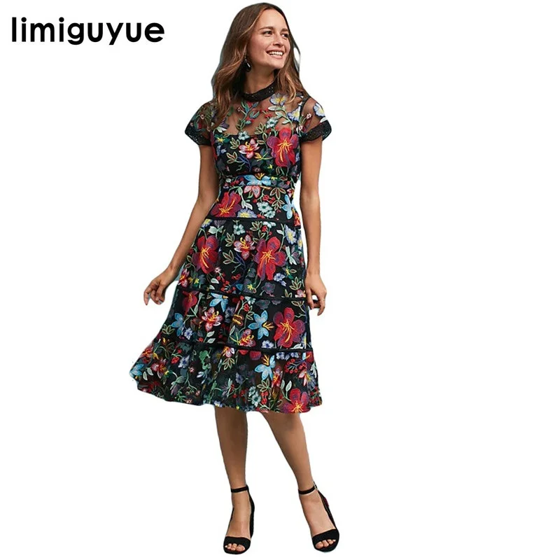 

limiguyue european style new arrival mesh floral embroidery dress women short sleeve boho vintage retro slim party dress H0903