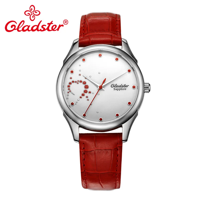 Женские наручные часы Gladster красные черные кожаные кварцевые с сапфировым