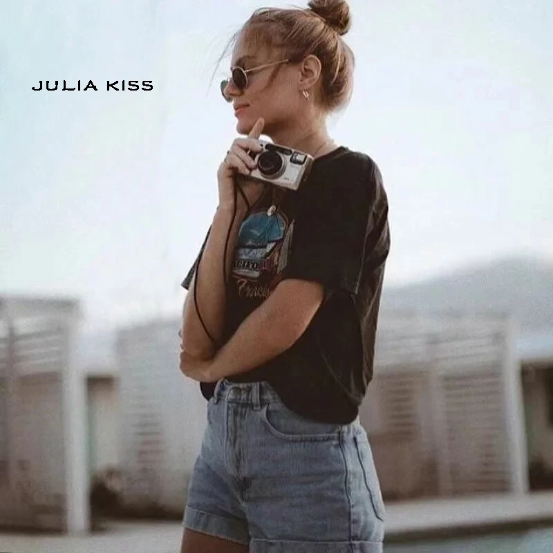

Women Printing Distressed Wash Short Sleeve Tee Cotton Tee