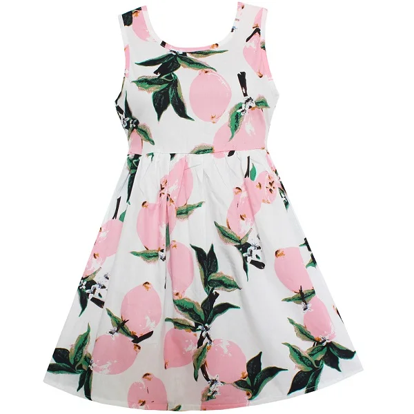 Shybobbi/новое платье для девочек; Лидер продаж; принт с лимонами; хлопковое праздничное платье с поясом; повседневная детская одежда; Размеры 4-14 - Цвет: Розовый