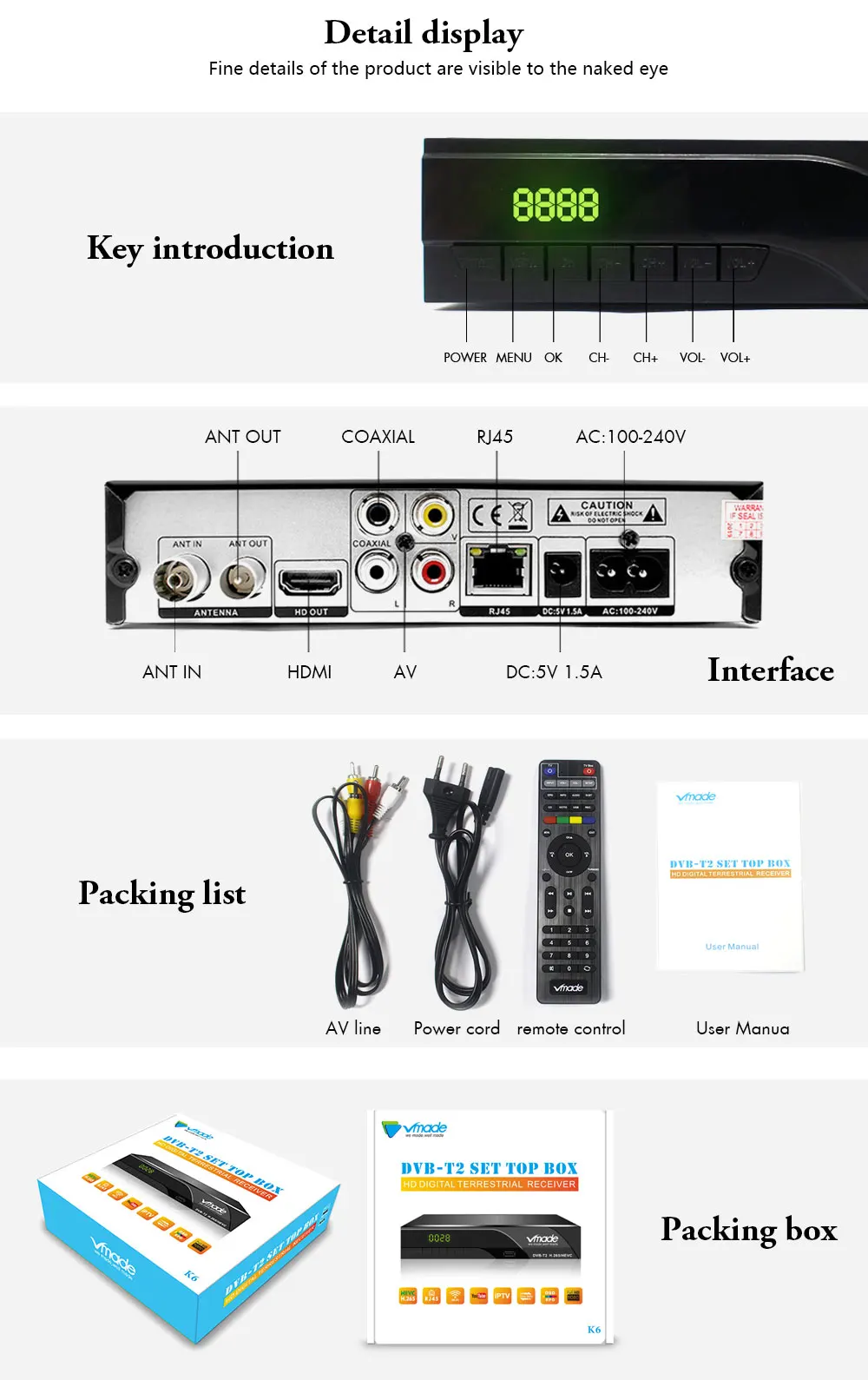 Vmade DVB-T2+ wifi HD 1080P цифровой эфирный ТВ-приемник DVB-T MPEG-2/4 H.265 Поддержка Dolby AC3 Built-RJ45 ТВ-приставка