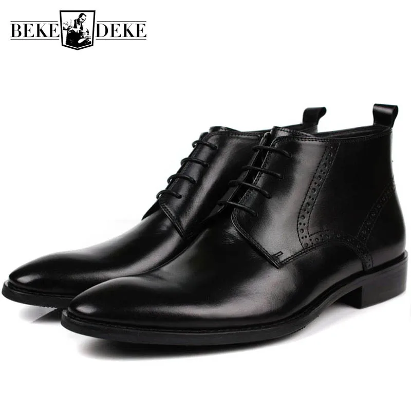 Italian Business Man Formal Ankle Boots Retro Brogue Pointed Toe Zipper Top Brand Genuine