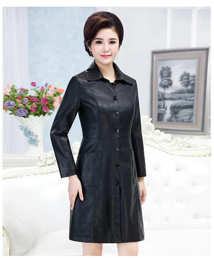 Middle Aged Women Winter Long Jacket Leather Coat Plus Size 6XL Fur Collar Jackets Elegant Women Padded Coat Button CH742 (2)