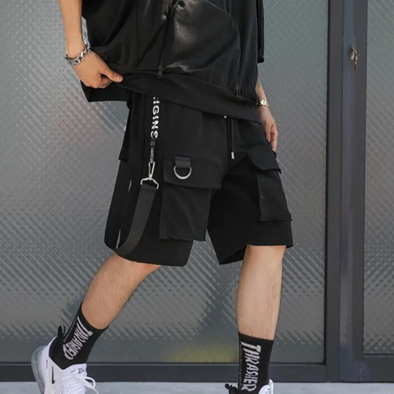 Мужские шорты в стиле панк, рок, хип-хоп, с лентами, в стиле хип-хоп, мужские черные шорты-карго, Повседневная Уличная одежда, эластичные шорты с множеством карманов - Цвет: Черный