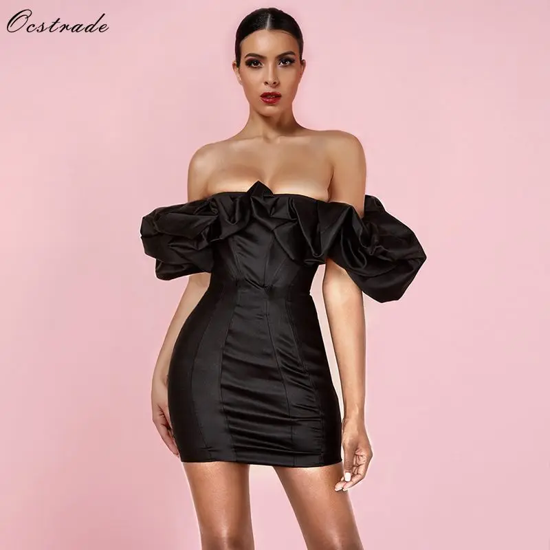 Ocstrade черный с открытыми плечами без рукавов Мини Мода Bodycon платье HI1029-Black