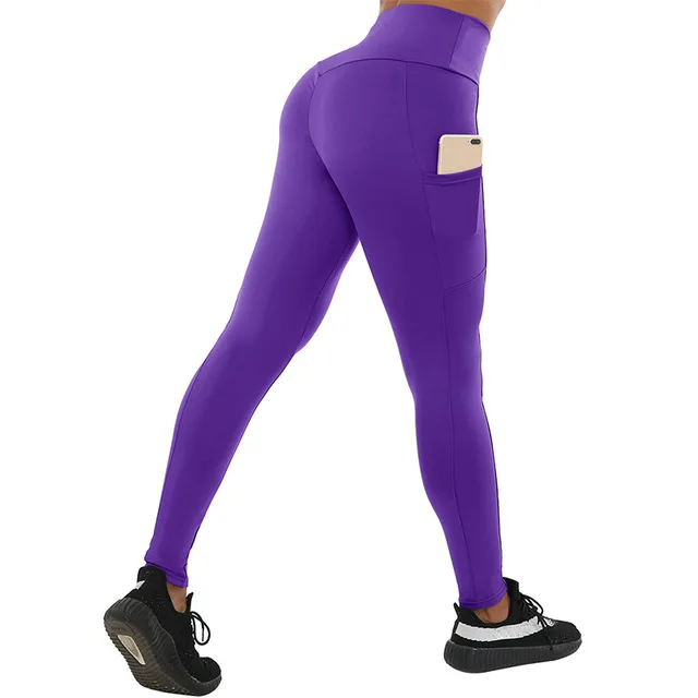 SALSPOR, пуш-ап, спортивные женские штаны, высокая талия, карман, дышащие, облегающие, для йоги, для бега, эластичные, морщинки, штаны, 6 цветов - Цвет: Purple