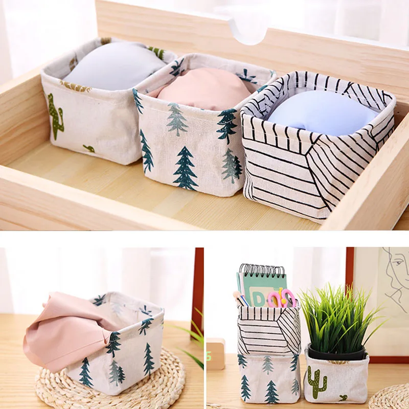 Desktop Storage Box Cute Printing Waterproof Organizer Cotton Linen Sundries Storage Basket Cabinet Underwear Storage Bag