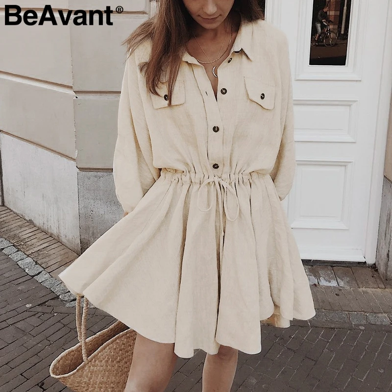 BeAvant Lnen, хлопковое летнее платье, рубашка для женщин, рукав-фонарик, свободное короткое платье на пуговицах, повседневные офисные платья с высокой талией для девушек