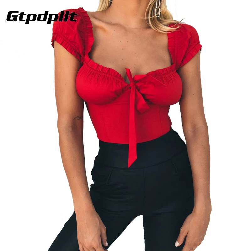 Gtpdpllt, Сексуальная футболка с оборками, женская футболка с открытыми плечами и коротким рукавом, женский топ с бантом, красная женская футболка, топы, футболки