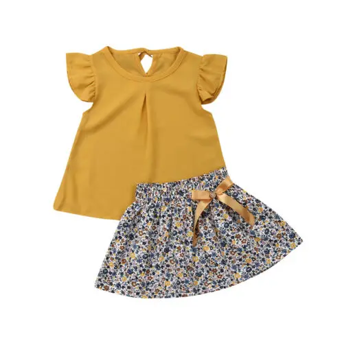 Летняя одежда для маленьких девочек Футболка с цветочным принтом топы, платье-пачка, юбка, комплект
