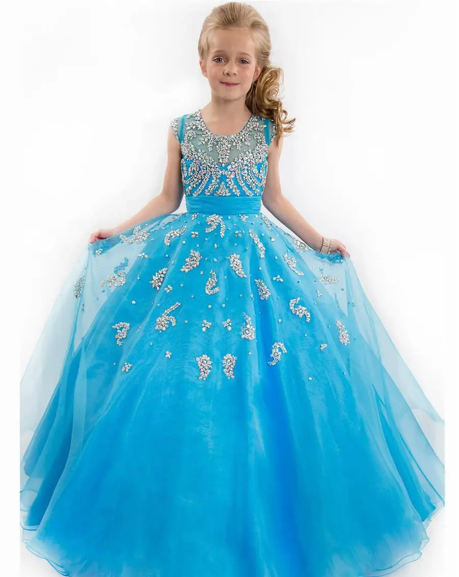 

Newest Style Crystal Party Time Perfect Angels Girl's Pageant Dresses Blue Jewel Cap Sleeves Formal Occasion Flower Girls Ball G