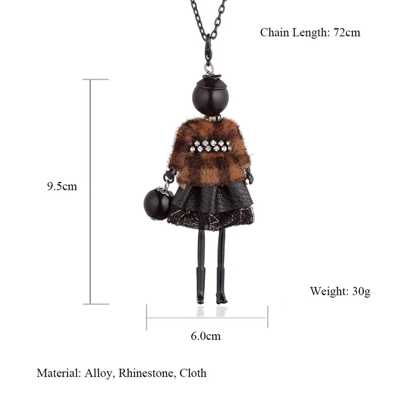 New Doll Necklace Women Feather Lace Skirt Black Alloy Pendants Necklaces Long Sweater Chain Charm Jewelry Party Gifts Collar