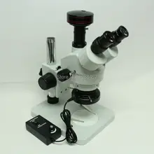 Continua Con el Zoom 7X-45X Trinocular Estéreo Microscopio Binocular Visual + Industria de Vídeo Digital USB Microscopio Cámara de 5MP + luz LED