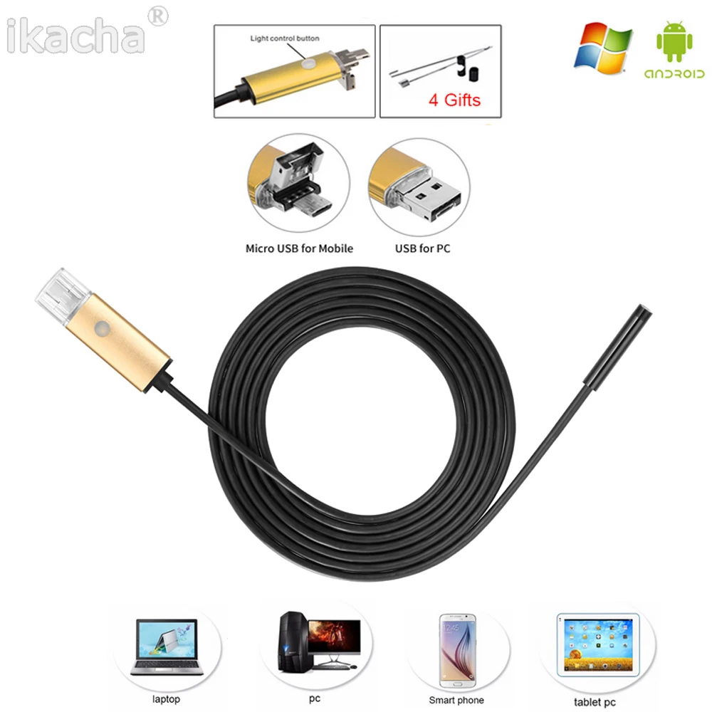 

2in1 Gold Endoscope 5.5mm 2M 5M 10M USB Android Camera HD Inspection OTG IP67 USB Endoscopio Camera Phone Borescope