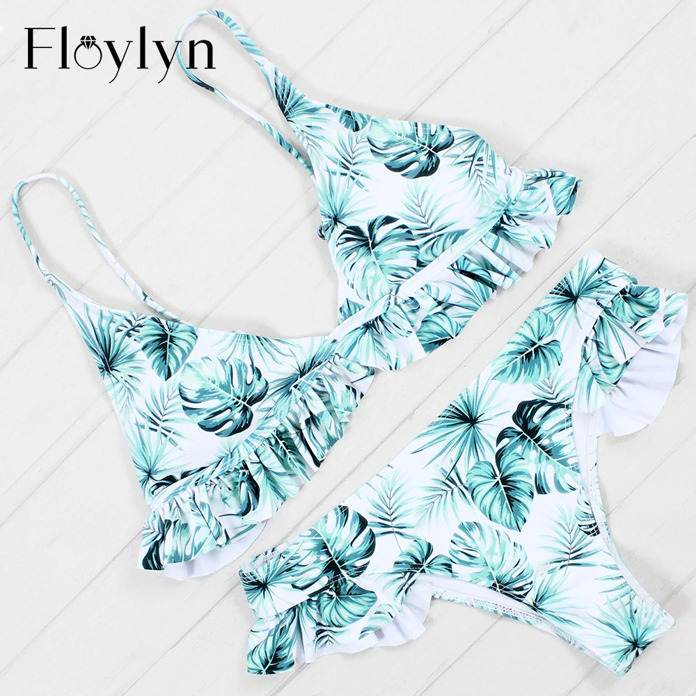 Комплект бикини Floylyn с зелеными листьями Бразильский купальный костюм оборками