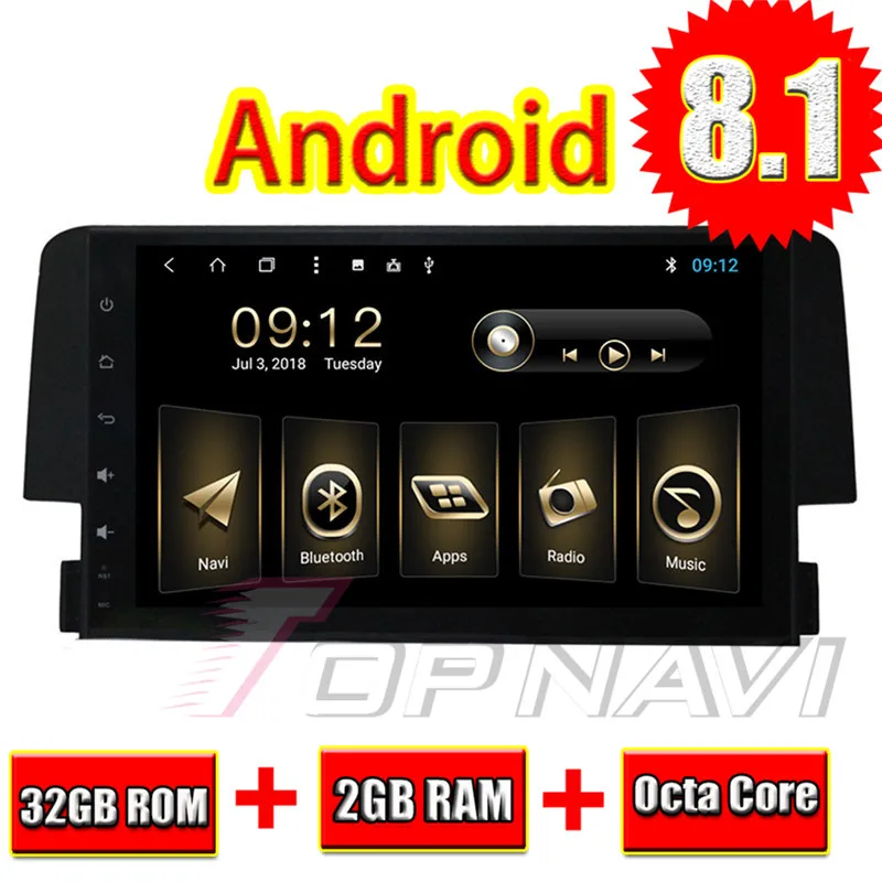 Topnavi 9&quot Octa Core Android 8.1 Car GPS Navigation for Honda CIVIC 2016 Autoradio Multimedia Audio Stereo Magnitol 2 Din NO DVD |