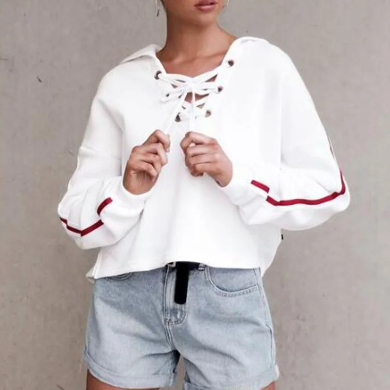 Women Tie Strap Pullover Hoodie Letter Print Long Sleeve