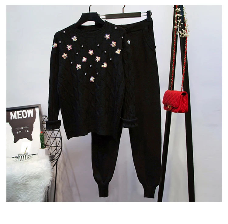 Amolapha Для женщин 3D с цветами и бусинами вязаный свитер, пуловер+ штаны, комплекты из двух предметов вязаные шерстяные брюки Костюмы наборы для ухода за кожей