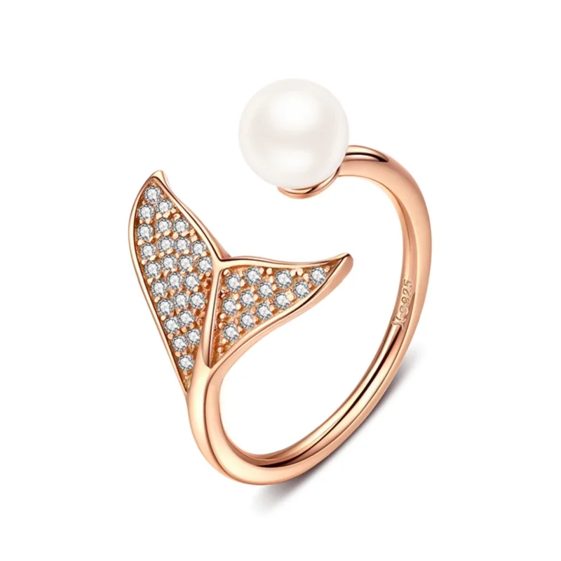 BAMOER, Русалка, рыбий хвост, жемчужные кольца для женщин, регулируемое Открытое кольцо, свободный размер, 925 пробы, серебряное кольцо GXR286