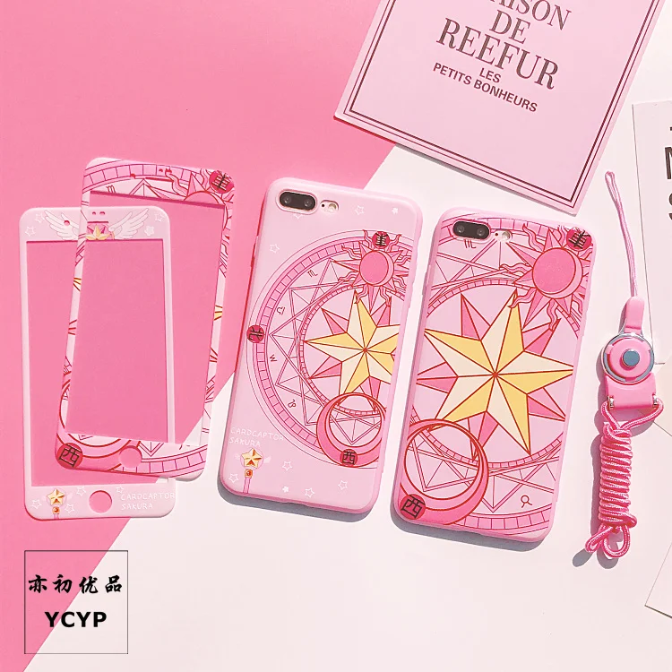 

Pink Sakura cover For iPhone X 8 7 6 6S PlUS TPU case + front tempered glass For iPhone X 8 7 6 6S Plus Magic Array+strap