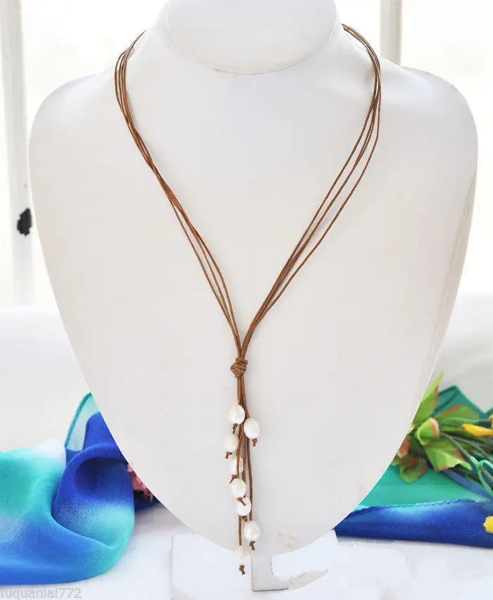 

FREE SHIPPING4row 20" rice freshwater pearl primary colours leather necklace