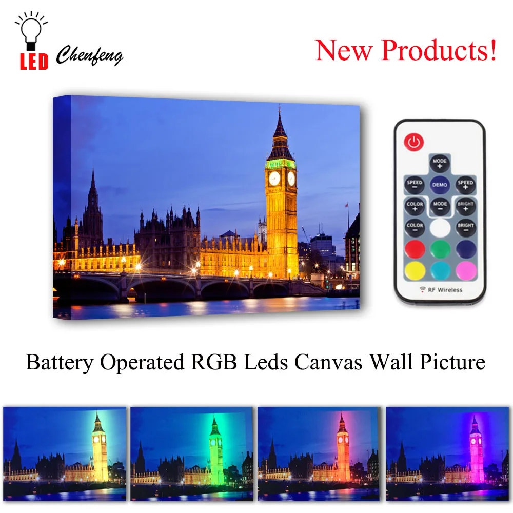 

Flashing Led Canvas Printing BigBen London night Wall Picture Remote control Illuminated painting lighted UP decorative kid Gift