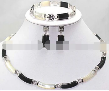 

Jewelry 001443 Natural Black White Jade Link Necklace Bracelet earrings Set