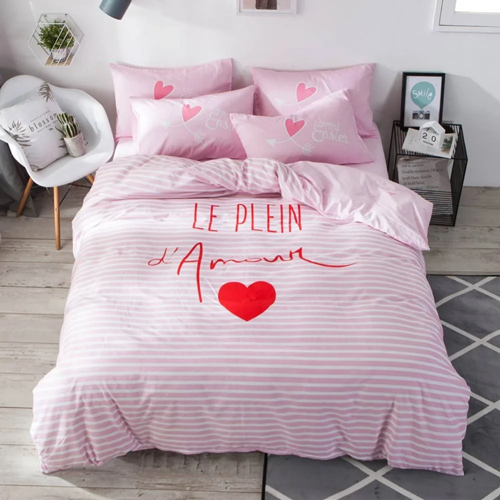 

2019 Pink Heart Lines Girl Cartoon Print Cotton Duvet Cover Set Twin Full Queen Bedding Set Flat Sheet/Fitted Sheet Pillow Cases