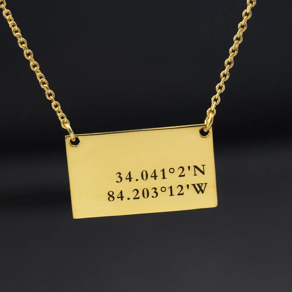 Customized Coordinate Necklace Memorial Longitude and Latitude Engraved Necklace Golden
