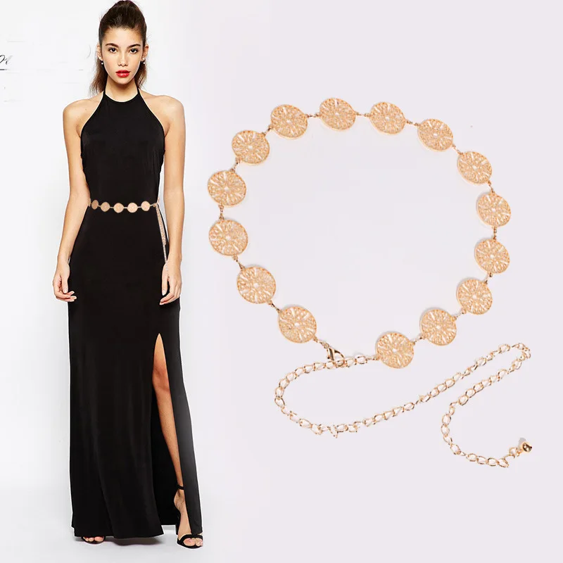

Women Designer Hollow Gold Waist Chain Belt Woman Dress Metal Golden Silver Ring Belt Fashion Ladies Luxury Coin Belts 245