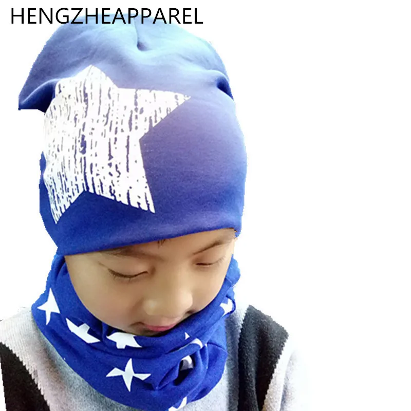 2017 new cotton star spring warm children scarf+cap sets boy girl beanies &collars baby kids hats plus size for kids over 4 year