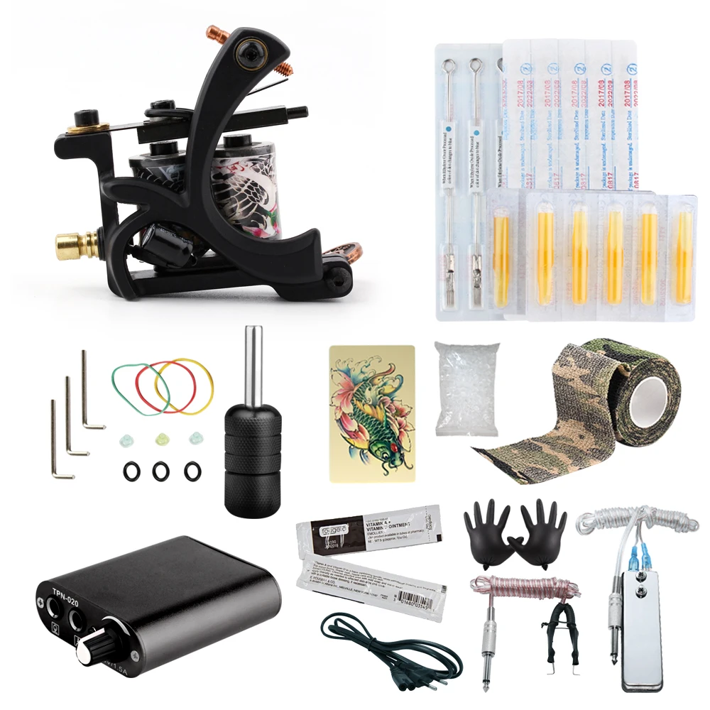 Goede Starter Tattoo Kit 8 Wrap Coils Tattoo Gun Machines Grips Naalden Tips Voeding Beginner Tatu Tattoo Supplies