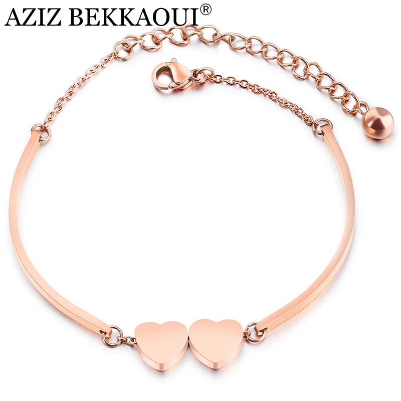 

AZIZ BEKKAOUI Romantic Rose Gold Double Heart Stainless Steel Bracelets for Women Personalized Name Bracelets DIY Jewelry Gift