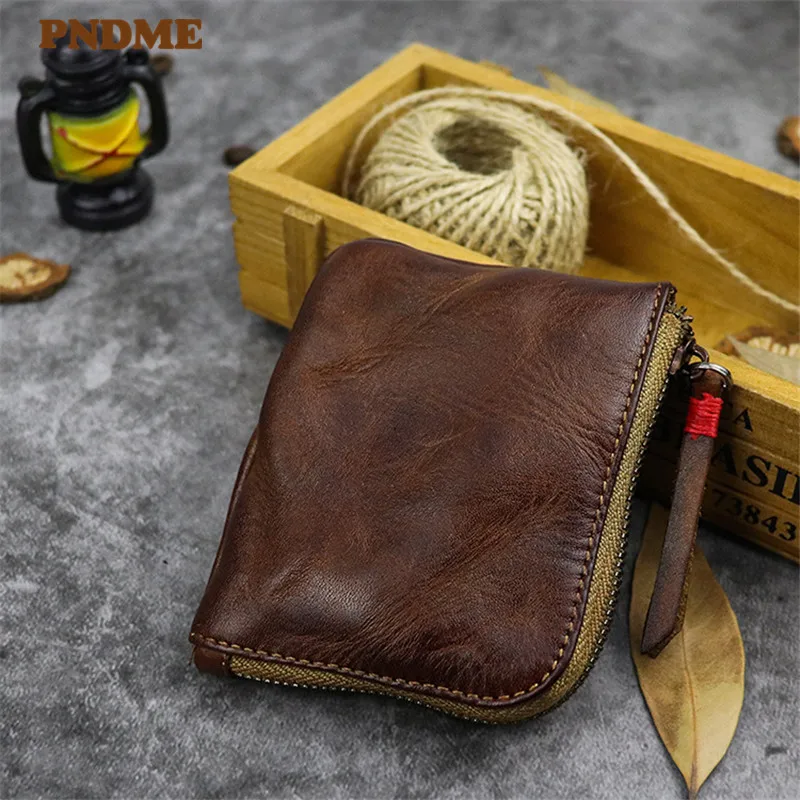 

PNDME handmade first layer cowhide coin purses retro simple small daily soft genuine leather with coin zipper credit cards bags