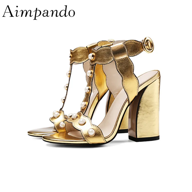 

T-strap Gladiator Sandals Women Gold Open Toe Square High Heels Pearl String Bead Runway Shoes Woman