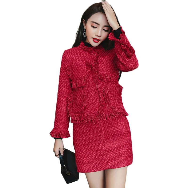 

Set female 2019 new women's fashion temperament tweed elegant red fringed temperament jacket + bag hip skirt two-piece
