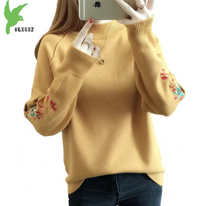 

2018 Winter Thick Warm Embroidery Turtleneck Sweater Women Long Sleeve Half high collar Knit Pullover Sweaters Female Plus size