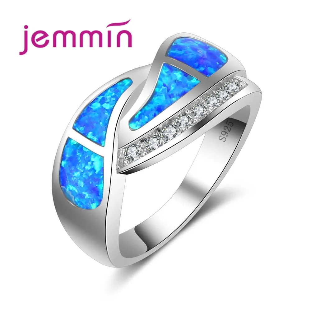

Hot 925 Sterling Silver Jewelry Light Blue Fire Opal Ring Twist Intersect Wave Pattern for Women Lady Noble Gift