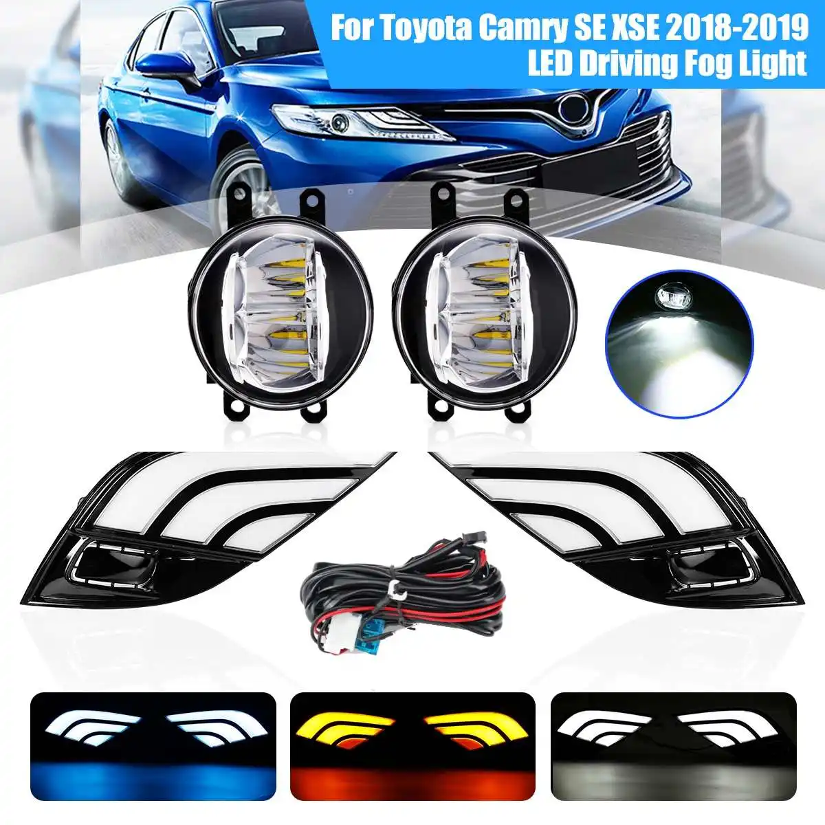 

Pair DRL LED Fog Lamp Daytime Running Lights White Driving Light + Yellow Turn Signal For Toyota Camry 2018 XSE SE Waterproof