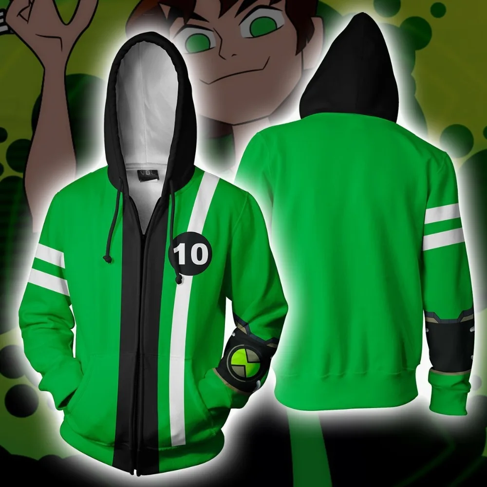 Ben10 Ultimate Alien Cosplay Costume Ben Tennyson Green Coat Zip-up Jacket