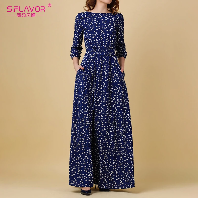 

S.FLAVOR Vintage Print Long Dress Women Casual Three Quarter Sleeve Party Dress Elegant O Neck Ladies Maxi Vestidos No Pockets